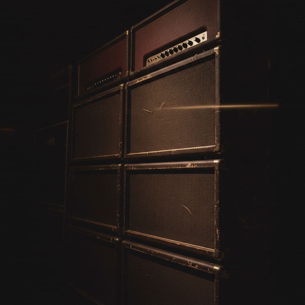 A backline wall of guitar amplifier cabinets backstage — Backline wall