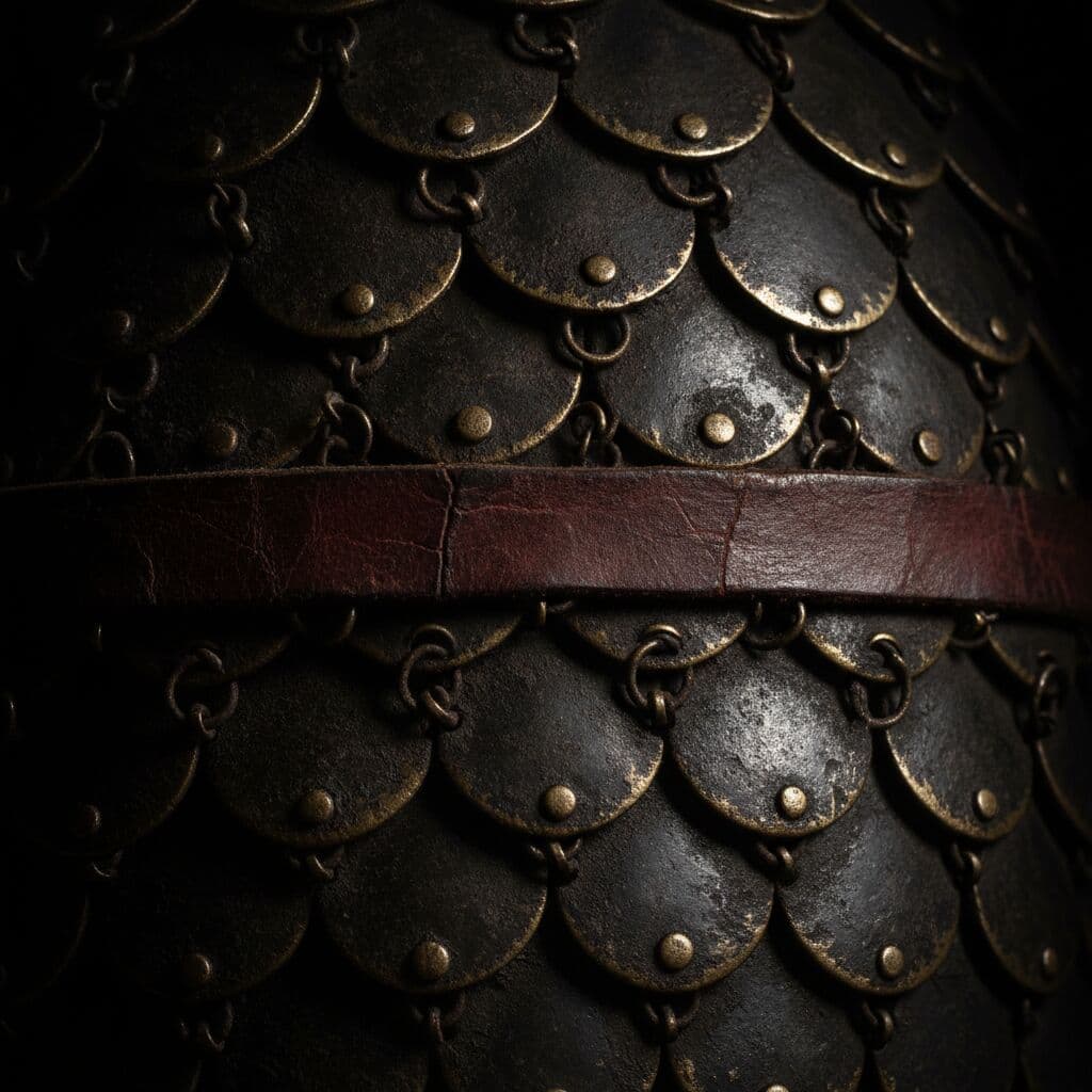 Close-up of scale armour, brass light on the overlapping plates — Scale armour, detail