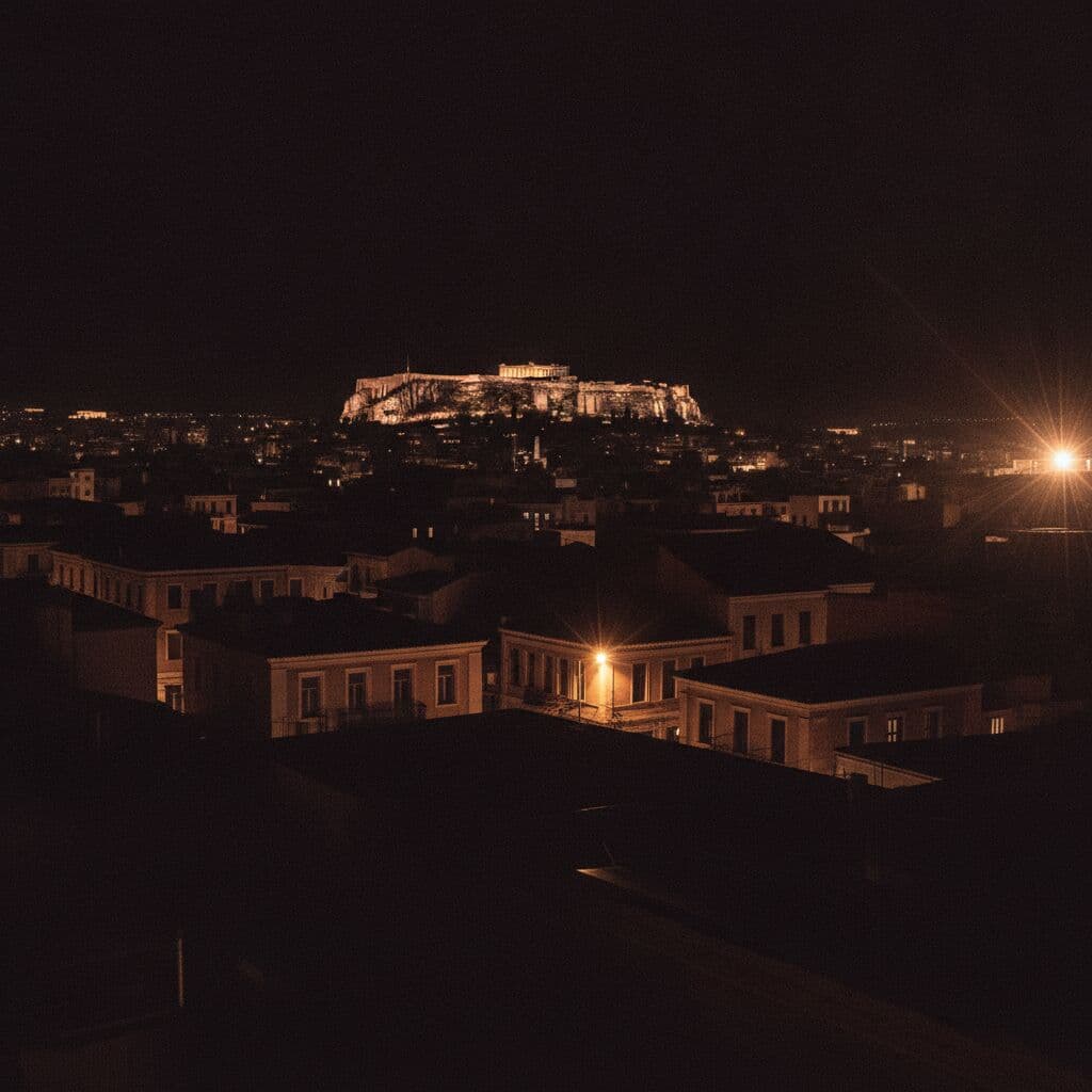 Athens at night, the Acropolis above the rooftops