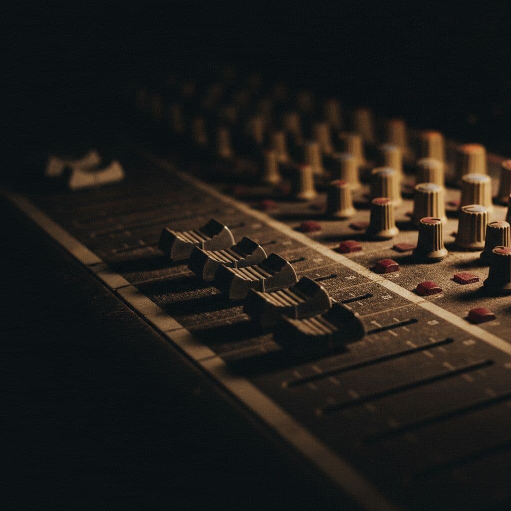 Faders and knobs of an analogue mixing console