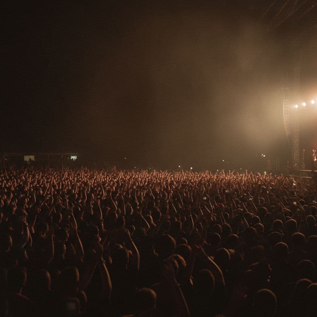 A festival crowd filling the field in front of the stage at dusk — Festival field