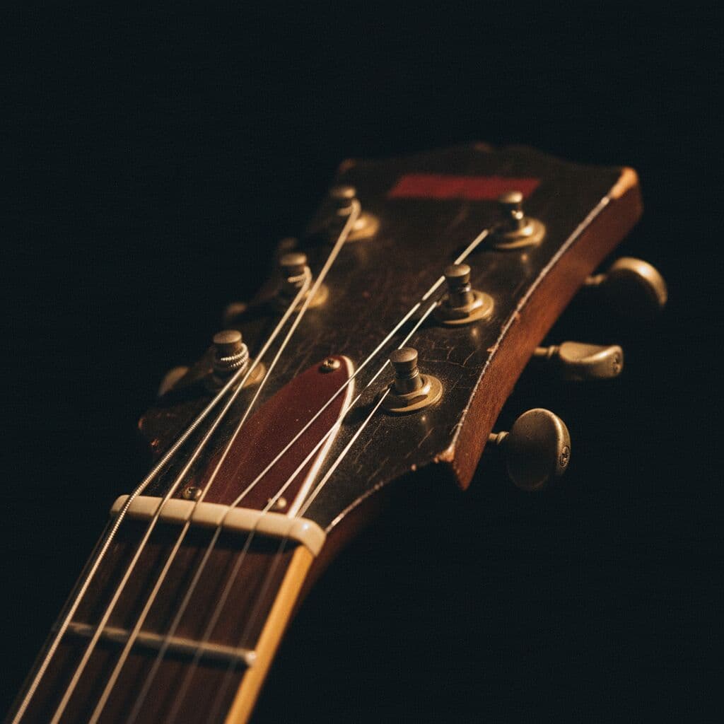 An electric guitar leaning against an amplifier in a rehearsal room