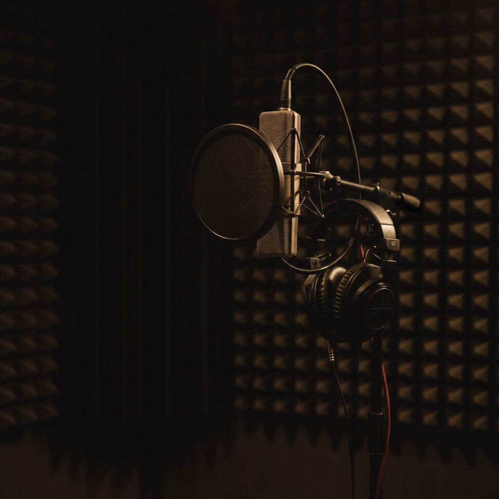 Condenser microphone and pop filter in a studio vocal booth